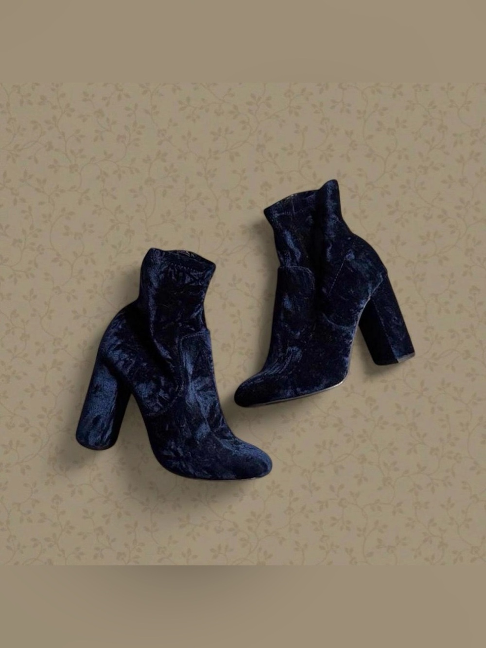 Crushed Navy Velvet Ankle Boots with Chunky Heel